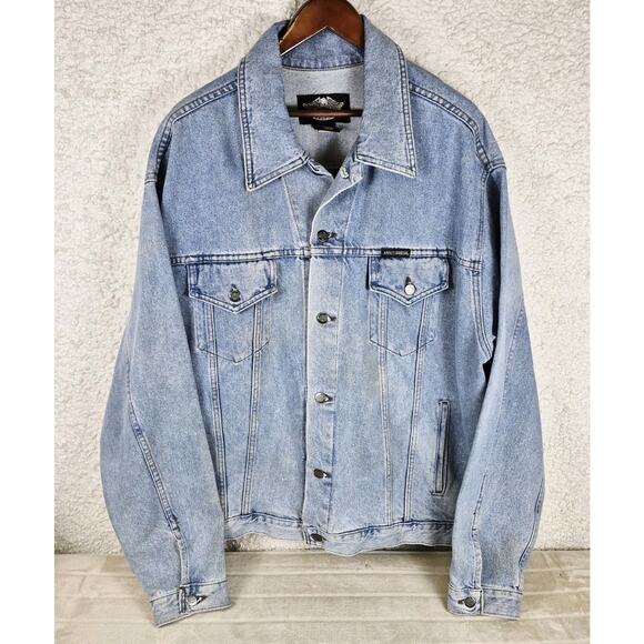 Harley Davidson Vintage Denim Jean Jacket Men's XL Embroidered Back Eagle Patch - Picture 1 of 11